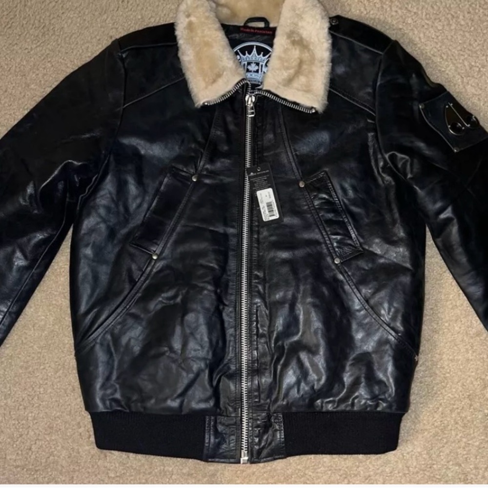Moose Knuckles Black Leather Bomber Jacket